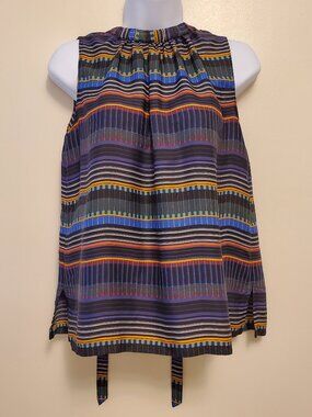 LOFT Festival Striped Multi-Color Tie Back High Neck Sleeveless Top Blouse - SP